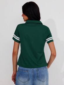 Roylia 运动衫面料、印花数字图案、条纹图案、纯色、修身、短袖、Polo 领、定位印花、纽扣、办公室、节庆、假日、休闲、通勤、运动、极简主义、时髦、Y2K、青少年休闲、街头风格、春夏女款常规 Polo 衫、短款 T 恤 - 軍綠色 - 查看 2