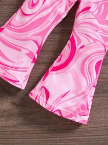 SHEIN LMoss Kids Baby Girl Summer Allover Print Asymmetrical Ruffle Hem Halter Top And Flare Pants Set