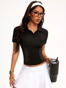 Gameset SHEIN Sport 女士时尚运动 Polo 衫，适合夏季 - 黑色 - 查看 4