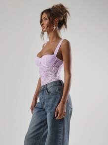 MUSERA 蕾丝连体文胸，钢圈加粗肩带，性感夜店度假夏季锐舞派对假日音乐节演唱会秋季冬季约会之夜粉色圣诞 - 紫丁香色 - 查看 4