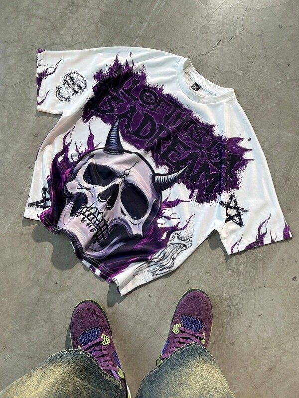 Manfinity Streetrush Camiseta de verano de hombre con estampado de calavera y letras de moda