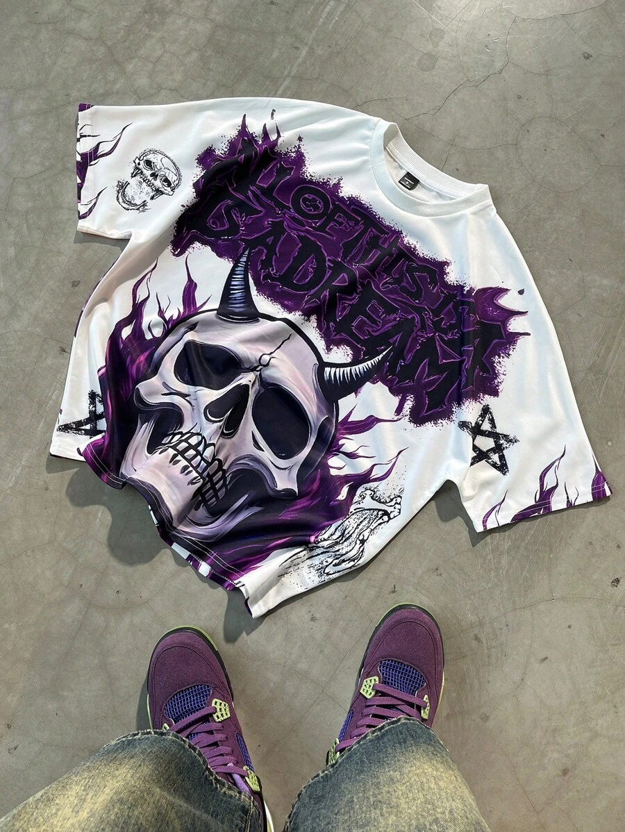 PAVTROS 男士夏季时尚骷髅字母印花T恤 - 白色 - 查看 1