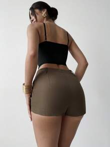 Firerie Shorts courts mi-taille élégants, décontractés, de loisirs, avec poches, en marron, convenant pour la plage, l'aéroport, les sorties décontractées quotidiennes - Tabac - Voir 2