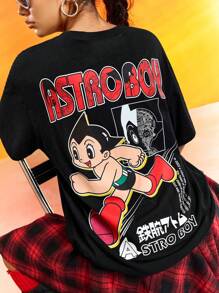 Astro Boy X SHEIN Camiseta negra suelta para mujer, con estampado de dibujos animados, neutra, casual, de verano - Negro - Ver 1