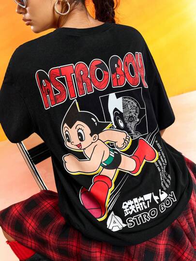 Astro Boy X SHEIN Camiseta negra suelta para mujer, con estampado de dibujos animados, neutra, casual, de verano