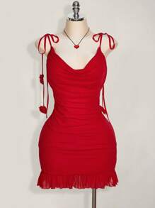 SHEIN ICON Plus Size Spring Break Outfits 3D Floral Decorated Tank Top Mini Red Dress Valentine's Day Outfits Spring Summer Women's Outfits,Club Outfits Women Sexy - Red - View 1