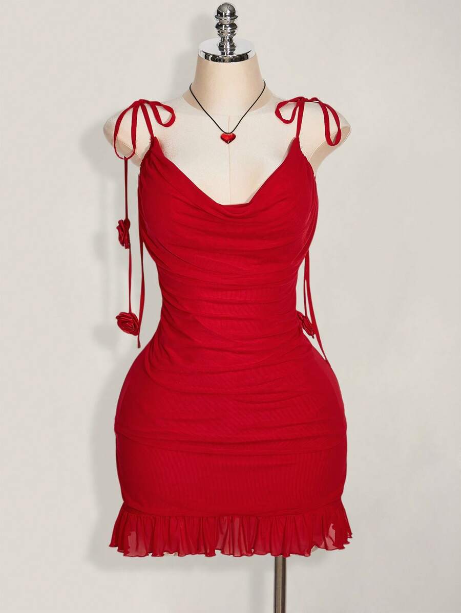 SHEIN ICON Plus Size Spring Break Outfits 3D Floral Decorated Tank Top Mini Red Dress Valentine's Day Outfits Spring Summer Women's Outfits,Club Outfits Women Sexy - Red - View 1