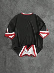 Manfinity Sporsity Men's Colorblock Striped & Letter Print Casual Short Sleeve T-Shirt, Versatile For Summer Sport Jersey Number Jersey