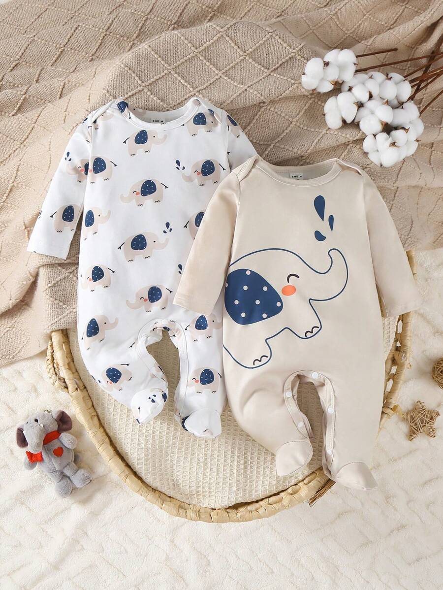 SHEIN Playful Pals 2 件白色和蓝色可爱大象印花新生儿长袖全长连体睡衣，简约时尚 - 卡其色 - 查看 1