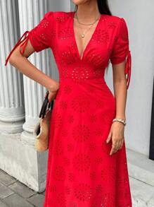 Pariaura Women's Romantic Hollow V-Neck Drawstring Ruched Solid Color Long Dress, Fashionable French Street Style - Red - View 3