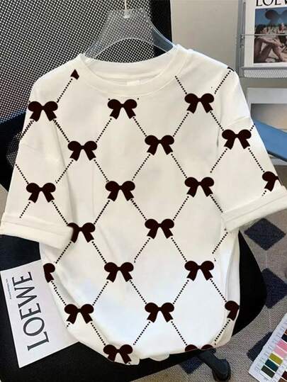 INAWLY Plus Size Women's Bow Print Round Neck T-Shirt