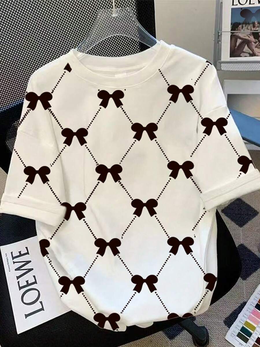 INAWLY Koszulka damska z okrągłym dekoltem i nadrukiem w kokardę w dużym rozmiarze