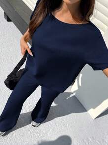 Muchica Solid Off Shoulder Top And Bell Bottom Pants Set - Navy Blue - View 5