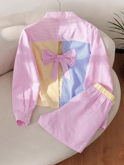 2pcs/Set Teen Girls' Polo Collar Patchwork Bowknot Blouse And Patchwork Shorts Set