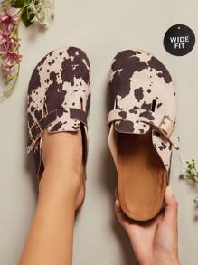 SHUZIA 女式宽版牛纹圆头软木鞋床拖鞋，带可调节扣