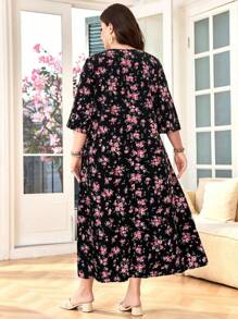 SHEIN Lacomfia Women's Loose Ruffle Pocket Ditsy Floral Casual Midi Dress, Romantic Elegant Comfortable, Suitable For Plus Size, Daily Wear