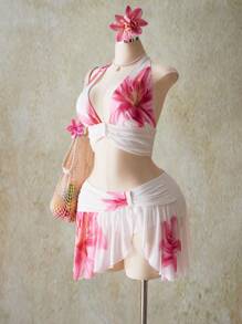 SHEIN ICON 加大码女式 Y2k 外出度假花卉印花露背短款上衣和低腰花卉印花迷你裙套装，夏威夷伊比沙岛风情装