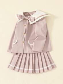 2pcs/Set Girls Navy Collar Adorable 3D Bowknot Blazer & Pleated Skirt Suit, Suitable For School Style - Pink - View 1