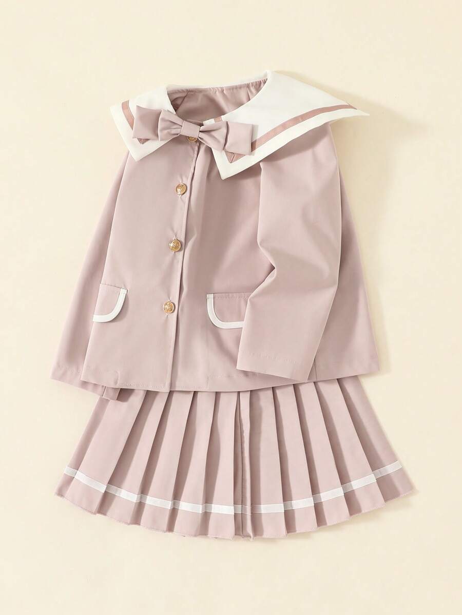 2pcs/Set Girls Navy Collar Adorable 3D Bowknot Blazer & Pleated Skirt Suit, Suitable For School Style - Pink - View 1