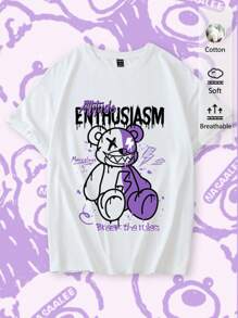 SHEIN EZwear 休闲街头图案字母和卡通熊印花宽松落肩短袖T恤女款，适合夏季 - 白色 - 查看 2