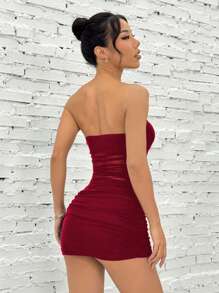 SHEIN EZwear Váy ngắn Bandeau nhún bèo gợi cảm mùa hè cho nữ - Màu Đỏ Sâu - Xem 2