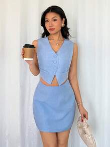 Chiquease 2Pcs Women's Set: Sleeveless Top With Button Detail + A-Line Skirt - Blue - View 5