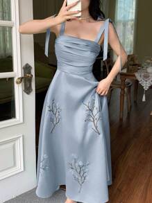 Feyla Women's Elegant Floral Embroidery Ruched Bodice Knot Shoulder Dress, Summer