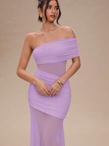 SHEIN BAE 女士夏季服装纯杏色褶皱性感透视长裙女士夏季连衣裙/舞会礼服/婚礼宾客礼服女士/毕业礼服