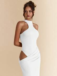 SHEIN BAE Đầm ngắn bodycon hở tay màu đào bất đối xứng, Đầm maxi thanh lịch cho kỳ nghỉ, bãi biển, khách dự tiệc cưới - trắng - Xem 4