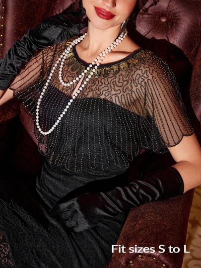 Vintamour Blusa de mujer con cuello redondo, de malla con parches y lentejuelas