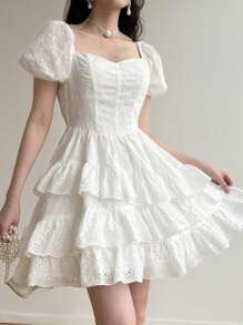 Modelyn Romantic Embroidery Ruffle Hem Women Mini Dress, White Dress For Graduation, Summer Dresses For Women, Birthday Dresses For Women, Flowy Dress, Graduation Dresses, Embroidered Dress, White Dress For Graduation - White - View 4