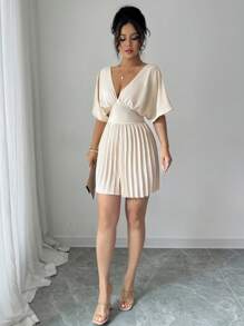 Elenzga Solid Color Deep V-Neck Batwing Sleeve Pleated Elegant Short Jumpsuits For Women - Apricot - View 3