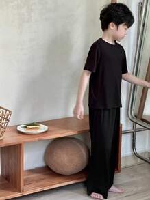 DAZY Kinder Herbst Outfit: Kleinkind/Tween Jungen Einfarbiges Crew Neck Gestricktes Kurzarm T-Shirt + Lange Hose Pyjama Set