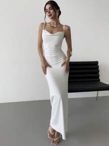 Firerie 夏季女式新款简约优雅度假派对连衣裙，时尚百搭户外旅行细肩带褶皱腰设计长裙，浅白色 - 白色 - 查看 1