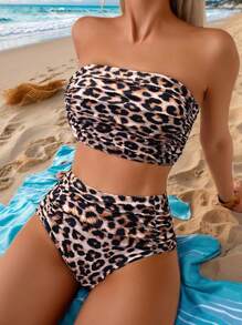 Swim Vcay Leopardtryckt Ruched Bandeau-topp och hög midja bikiniunderdel, 2st Beach Vacation Bikini Set - Multifärgad - Visa 1