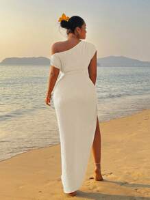 Sunnyshic 大码女式褶皱针织罗纹绿色性感扭纹紧身连衣裙 - 白色 - 查看 7