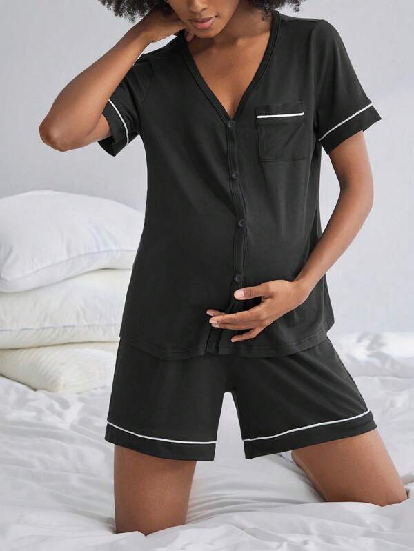 BloomMama 2 Pack Maternity Short Sleeve Nursing Pajama Set With Button ,Lounge Set Fashion Sleepwear