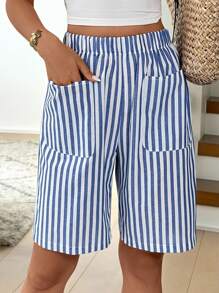 Easowa Damen Lässig gestreifte Bermuda Shorts mit Tasche