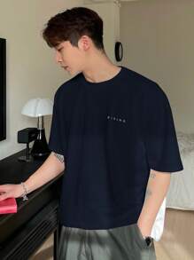 DAZY Men's Summer Letter & Line Drawing Whale Print Short Sleeve T-Shirt - Navy Blue - View 2