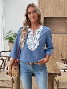 EMERY ROSE Áo chui đầu cổ khoét ren cho kỳ nghỉ thường ngày - Màu xanh lam - Xem 5