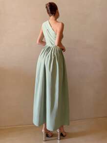 Aloruh Women's Elegant One Shoulder Designer Fitted Waist Solid Color Maxi Dress, Olive Green Island Vacation Outfits Women Summer Dress Women Vacation Dress - Green - View 2