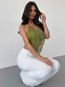 Firerie 女士休闲性感亮片时尚沙滩度假露背垂褶领钩编纹理绿色吊带背心，适合音乐节、派对和度假。 - 綠色 - 查看 6