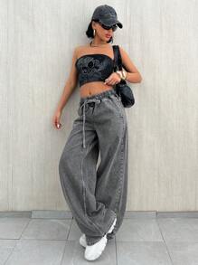 EURMUSE Quần Jeans Ống Rộng Lưng Thấp Có Túi Buộc Dây Cho Nữ Kiểu Dáng Thường Ngày Đa Năng - Màu xanh lam - Xem 6