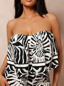 Vixey 印花亚麻露肩飘逸度假上衣 - 黑與白 - 查看 2