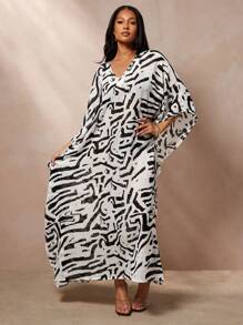 透明雪纺抽象印花 V 领卡夫坦连衣裙 - 黑與白 - 查看 4