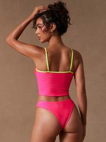 SHEIN Unity Cute Pink Summer Beach Holiday Color Block Neon Bikini Top, Gyaru Club Concert Music Festival National Tour Poolside Vacation Party - Black - View 2