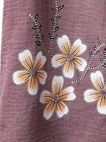 Linhara 2 件套大码女式花卉印花纹理短袖上衣和裤子休闲套装，春夏