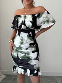 Selianne Tropical Print Off Shoulder Ruffle Trim Ruched Bodycon Dress Vacation Beach Outfits Women - Multicolor - View 3