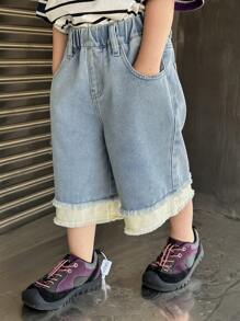 DAZY 男童撞色磨边松紧腰口袋牛仔短裤 - 藍色 - 查看 7