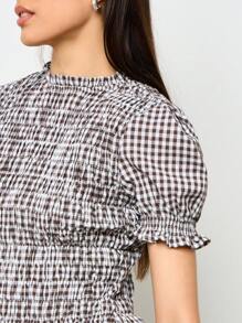 AiiRZ 褶饰格子迷你连衣裙泡泡袖夏季春季荷叶边田园风草原风格松紧腰花园茶会褶饰